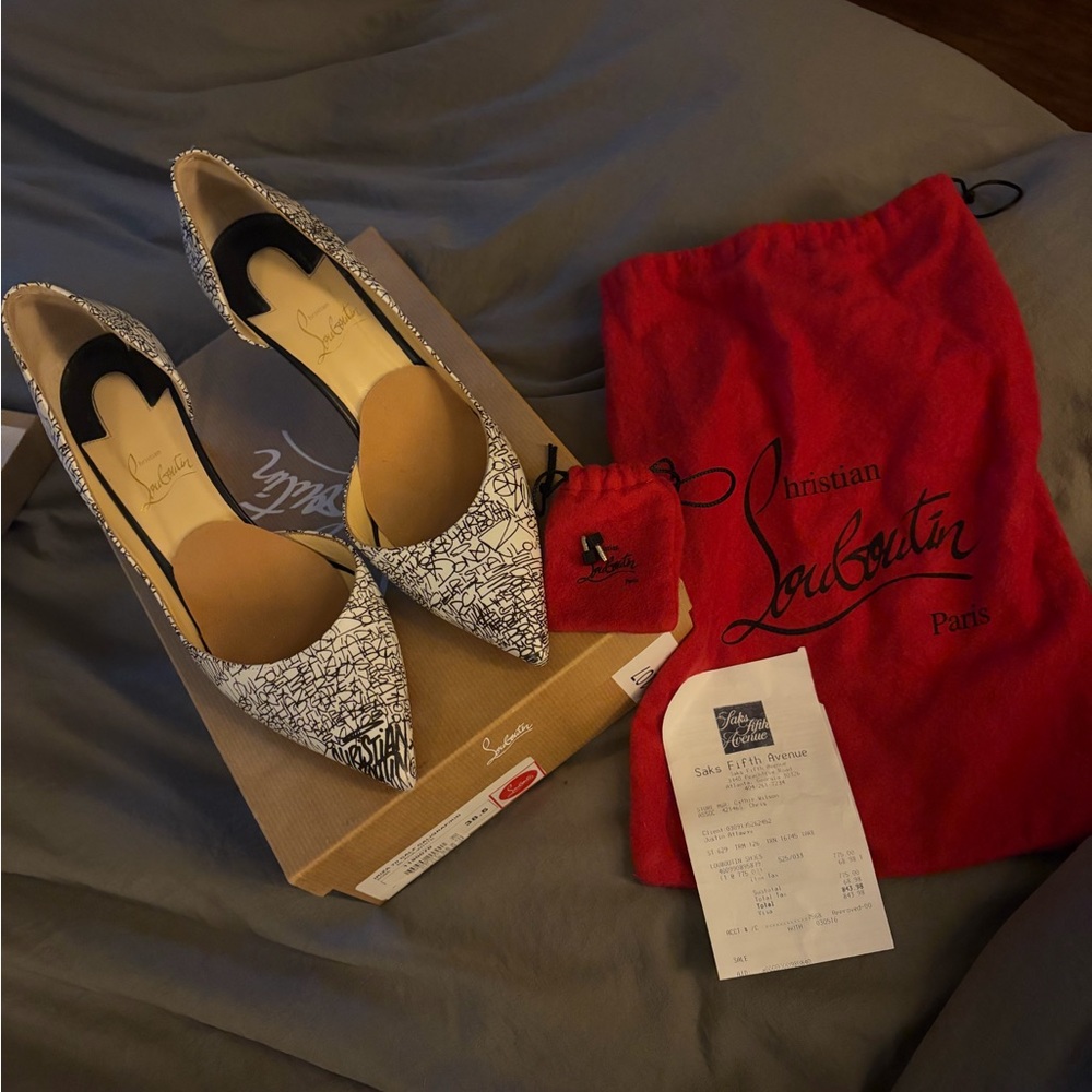 Christian Louboutin White and Black Script Pointed-Toe Pumps